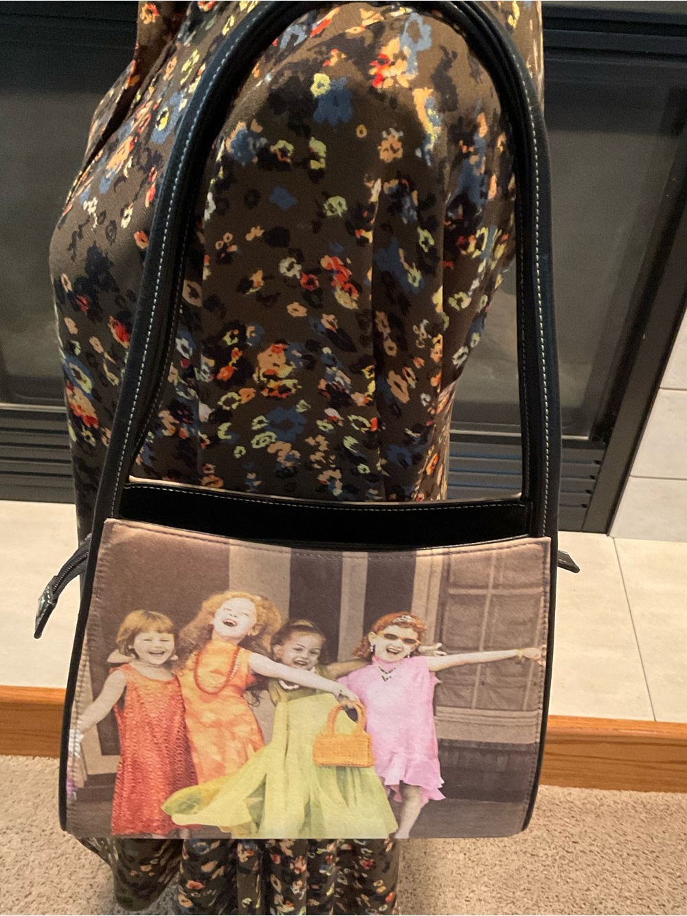 Vintage Photographic Canvas Print Girls Dress Up Shoulder Bag w/Rhinestones
